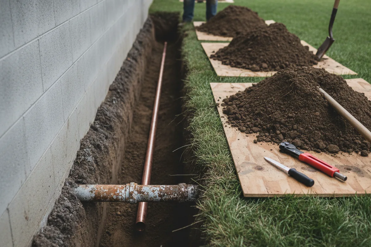 Excavated water line trench during Water Softener Installation in Douglas